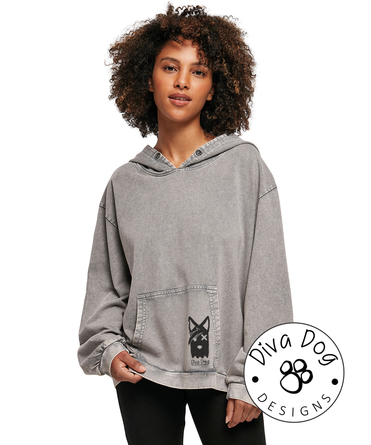 Exclusive Diva Dog Small Logo Acid Wash Women's Over Sized Hoodie