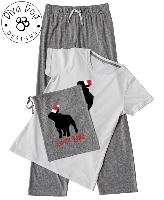 Santa Paws French Bulldog / Frenchie Pyjama Set & Drawstring Bag